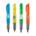 Four highlighters in blue, yellow, green, and orange, featuring grey grips and various logos.