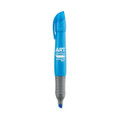 A blue highlighter pen with a grey grip, featuring a logo.