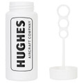 A white bottle with a logo, accompanied by a bubble wand featuring three circular loops.