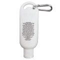 A white 50mL sunscreen bottle with a carabiner attachment, featuring product details on the back.