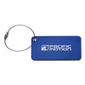 A blue luggage tag with a metal wire attachment and a logo on one side.