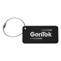 A black luggage tag with a silver attachment, featuring a logo on one side.