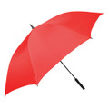 A red umbrella with a black handle and a logo on the shaft.