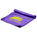 A purple cooling towel featuring a logo, neatly folded on a white background.