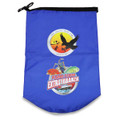 A blue 10L dry bag featuring two logos, one with a bird and one related to fishing events.