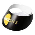 A black sun visor featuring a yellow logo, designed as headwear for sun protection.