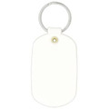 A white oval keychain featuring a metal ring and a simple design. It includes a small branding logo.