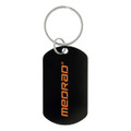 A black dog tag keychain with a silver metal keyring and an orange logo.