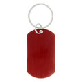 A red dog tag keychain with a metal ring for attachment. The tag has a smooth surface and rounded edges.
