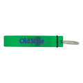 A green drink bottle opener with a metal keyring attachment and a branded logo.