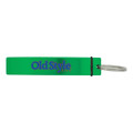 A drink bottle opener in bright green, featuring a logo and a keyring attachment.