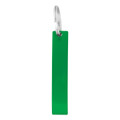 A drink bottle opener in bright green with a silver hook for attachment. Features branding on the surface.