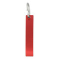 A drink bottle opener in a sleek red finish with a metal loop for easy attachment.
