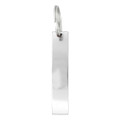 A drink bottle opener featuring a sleek, silver metallic design with a simple rectangular shape and a hanging loop.