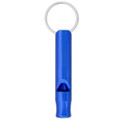 A blue aluminium whistle keychain featuring a metal ring for attachment. It has a shiny finish and an integrated whistle.