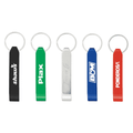 A collection of five bottle openers in black, green, silver, blue, and red, each with a keyring attachment and branding.