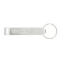 A drink bottle opener in silver with a keyring attachment and engraved branding.