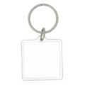 A square acrylic keychain with a silver metal ring, featuring a clear, blank surface.