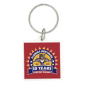 A square acrylic keychain featuring a logo on a red background with a ring for attachment.