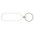 An oval acrylic keychain with a transparent body and a metal ring.