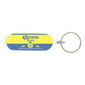 An oval acrylic keychain featuring blue, yellow, and white colours, with a metal keyring attachment.