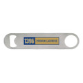 A drink bottle opener in silver, featuring a logo or branding on the handle.