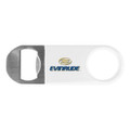 A drink bottle opener in white and stainless steel, featuring a branding logo.