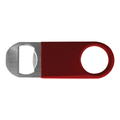 A drink bottle opener featuring a red vinyl handle and a stainless steel opener, with a logo on the handle.