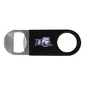 A drink bottle opener featuring a stainless steel end and a black vinyl body with a logo printed on it.