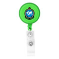 A green round badge holder with a retractable cord and a clear attachment clip, featuring a logo on its front.