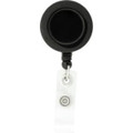 A round black badge holder with a clear retractable strap and metal clip. Features a logo on the front.