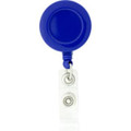 A round blue badge holder with a retractable clear strap and a metal clip at the end.