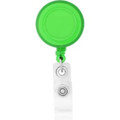 A bright green round badge holder with a transparent strap and a metal clip attached.