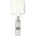 A clear rectangular badge holder with a retractable reel and metal clip. It features a white square attachment.