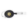 A retractable badge holder with a black casing, silver clip, and transparent strap, featuring a logo.