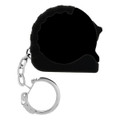 A black mini tape measure with a silver keychain attachment. The product has a rounded, compact design.