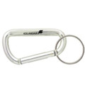A silver 60mm carabiner with a round keyring attachment and a logo.