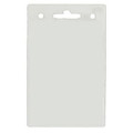 A clear plastic badge holder with two holes at the top for attaching a lanyard or clip.