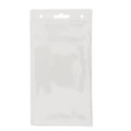 A clear, plastic badge holder with a top opening and a hanging hole for attachment.