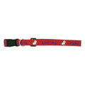 A red dog collar with blue text reading "Love dog" and "Lucky" featuring a small logo and buckle.