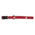 A red dog collar with a patterned design featuring the words "Love" and "Lucky" and a small dog illustration.