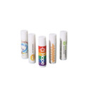 A collection of five lip balms in various designs and colours, featuring white tubes with different printed labels.
