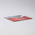 A 50mm x 50mm fridge magnet with a colourful design and a logo on it, featuring a flat edge.