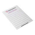 A magnetic whiteboard in white with a logo and several horizontal lines for writing.
