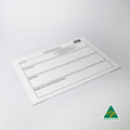 A magnetic whiteboard in white with a logo, featuring sections for notes and recommendations.
