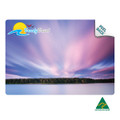 A mouse mat featuring a serene landscape with a soft gradient of purple and blue, and a logo in the corner.