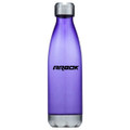 A drink bottle made of purple plastic, featuring a silver base and a logo.