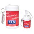 A white and red antibacterial wipes canister with a keychain attachment and a logo.