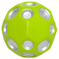 A high bounce ball in bright green with silver cut-out holes, featuring a smooth texture.