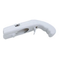A drink bottle opener in white, designed like a cap gun, featuring a logo on its body.